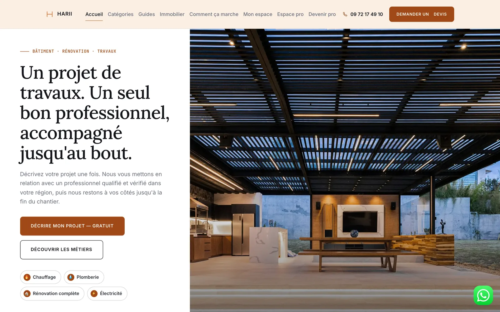Page d'accueil du site HARII : « Un projet de travaux. Un seul bon professionnel, accompagné jusqu'au bout. »
